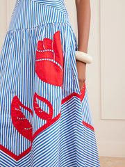 Sky striped embroidered cotton poplin midi dress