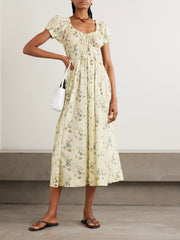 Ashlynn tie-detailed shirred floral-print organic cotton-voile midi dress
