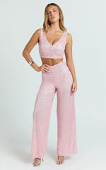 Abela Two Piece Set - Crop Top and Wide Leg Pants Set in Pink Sequin