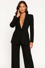 Ladies Plunging Trouser Suit Set – Single-Button Blazer, Straight-Leg