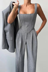 Women’s Three-Piece Trouser Suit – Double-Breasted Blazer, Corset Top, Wide-Leg