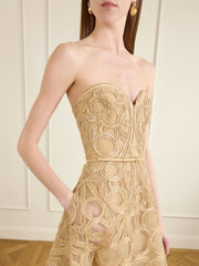 Strapless sequin-embellished raffia-trimmed tulle midi dress