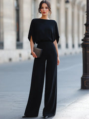 Draped Boat Neck Top And Wide Leg Pants Set
