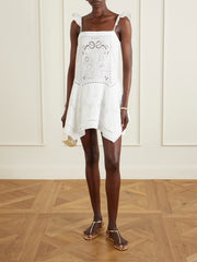 Asymmetric embroidered linen and cotton-blend midi dress