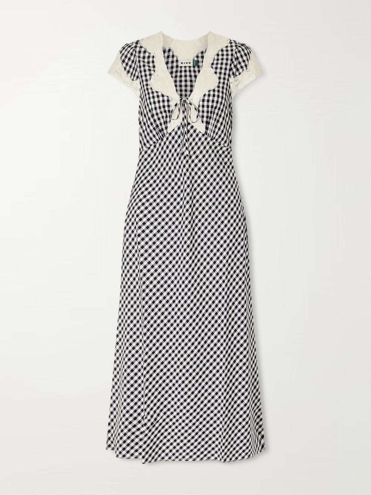 Amari bow-detailed lace-trimmed checked woven midi dress