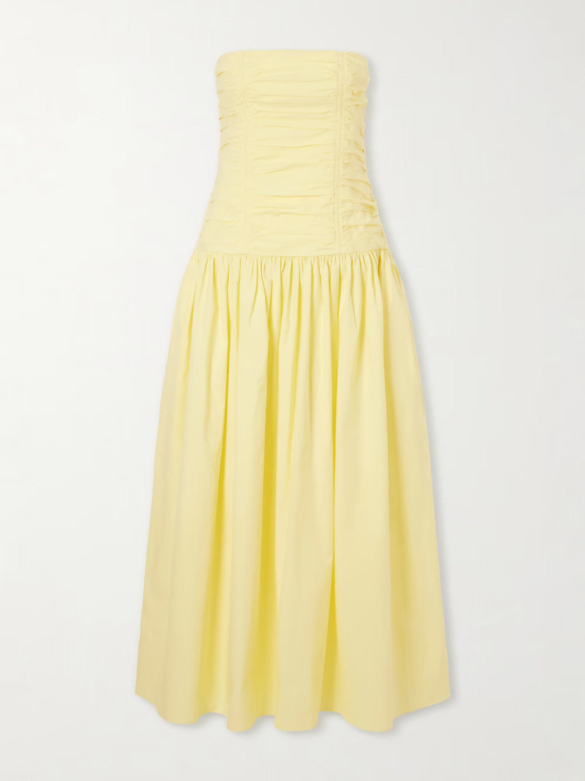 Strapless ruched organic cotton-poplin midi dress