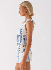 Amazonia Linen Mini Dress - Floral Wave