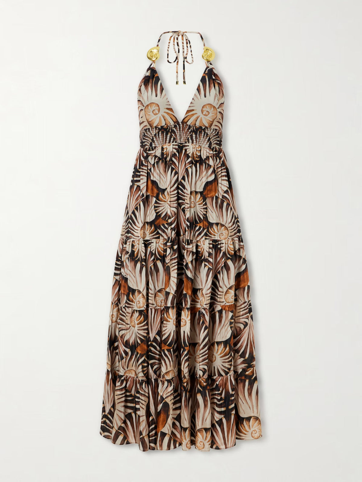 Embellished printed shirred tiered georgette halterneck midi dress