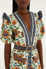 Light Green Floral Delhi Tapestry Belted  Romper