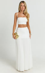 Rowan Two Piece Top and Skirt Set - Square Neck Crop Top and High Waist Pleated Maxi Skirt Set in Ivory