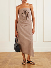 Sleeveless knot-detailed draped checked cotton midi dress